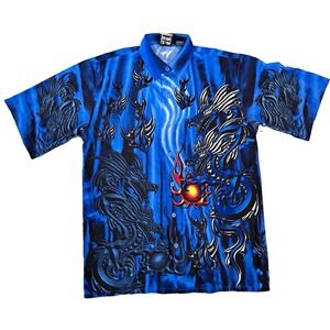 Vintage Authentic Shaolin Blue Dragon Flame Button Up Shirt Mens S/M Youth L Y2K